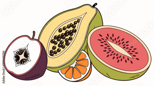 Fresh Exotic Tropical Fruits Illustration, Healthy Eating, Diet, Nutrition, Wellness, Vibrant Papaya, Red Kiwi, Passion Fruit, Orange Slice for Food Blogs, Web Design.