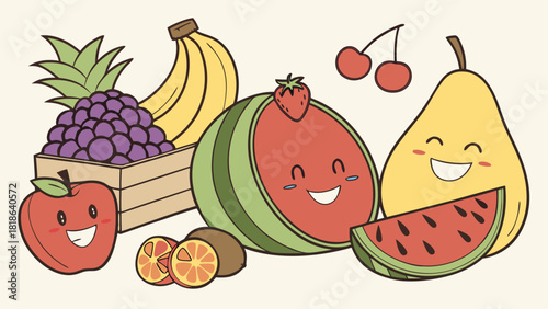 Vibrant Happy Cartoon Fruits Illustration for Healthy Kids Nutrition, Food Marketing, Educational Content, and Web Design