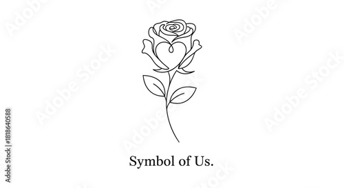 Elegant single line drawing of a rose with a heart shape integrated into its petals symbolizing love and connection