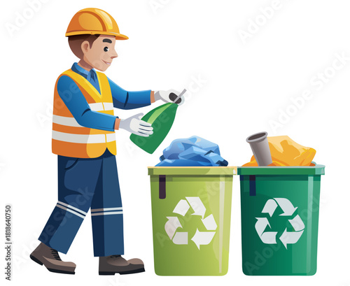 vector of a worker with gloves separating paper, glass and metal into bins, recycling symbols, clean white background
