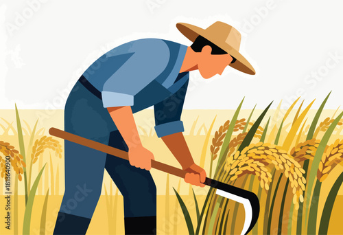 A farmer in a hat harvests a golden crop using a scythe. The illustration has bold colors and a minimalist style