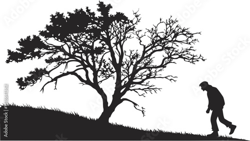 Dramatic Lone Walker Silhouette Under Large Tree In Dark Minimal Landscape For Moody Nature Background And Atmospheric Design
