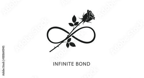 Symbolic black silhouette of a rose intertwined with an infinity symbol representing eternal love and connection