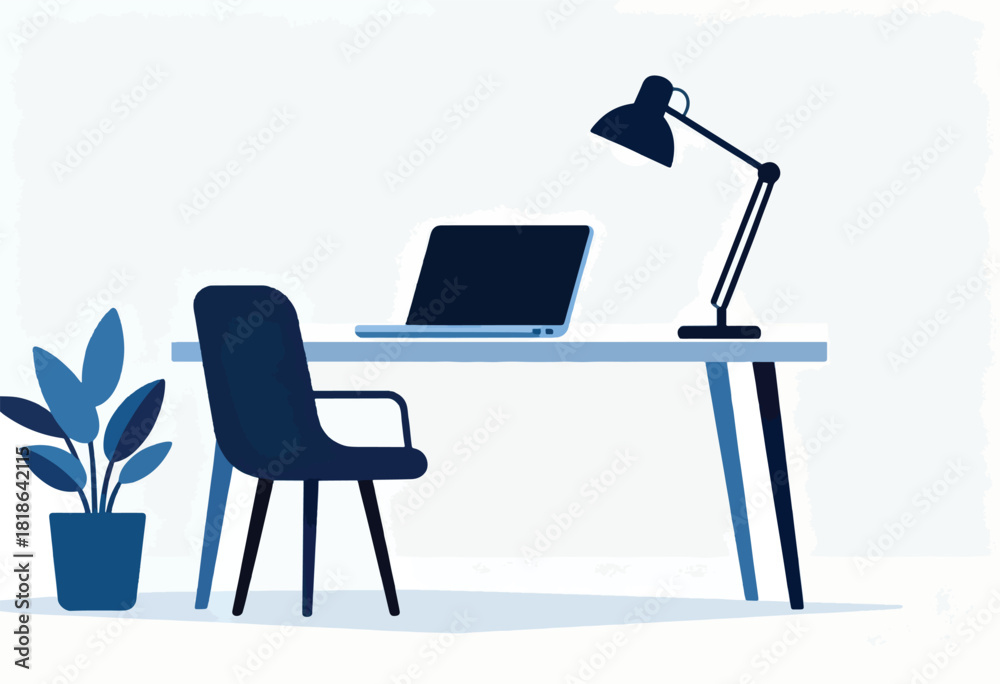 Fototapeta premium A minimalist illustration of a workspace featuring a laptop, desk, lamp, chair, and a potted plant in blue hues