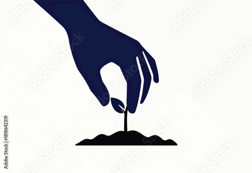 A dark blue hand hovers over a small plant growing from a mound of soil, on a textured off-white background