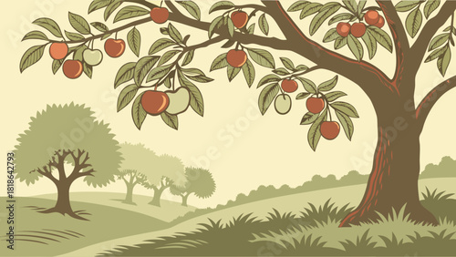Lush Apple Orchard with Ripe Fruit Trees and Green Hills. Peaceful Rural Landscape Illustration for Autumn Harvest, Organic Food, and Healthy Living Campaigns.