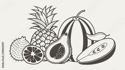 Fresh Exotic Tropical Fruits Black and White Line Art Illustration for Healthy Eating, Summer Recipes, Food Blog Design, Natural Produce Packaging