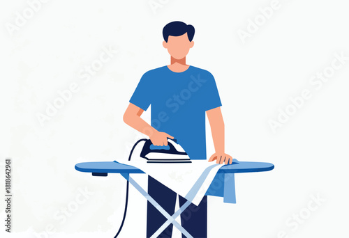 A figure is depicted ironing clothes on a board, simple illustration, light blue color scheme