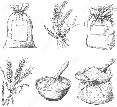 Hand-Drawn Wheat and Flour Sketch Vector Set | Vintage Engraving Style Grain, Sack, Bowl Illustration for Bakery, Farm & Organic Food Design