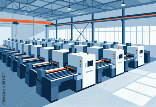 Illustration of a factory interior with repeating machinery in rows. Overhead crane, ceiling lights, & window light present