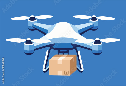 Isometric illustration of a blue and white drone carrying a brown cardboard box on a solid blue background