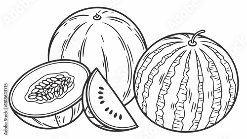 Melons Watermelon Cantaloupe Line Art Drawing Illustration Fresh Summer Fruit Healthy Food Whole Sliced Refreshing Delicious