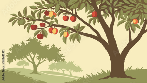 Lush Green Apple Orchard with Ripe Red and Yellow Fruits on Trees for Organic Farming Healthy Food and Autumn Harvest Season