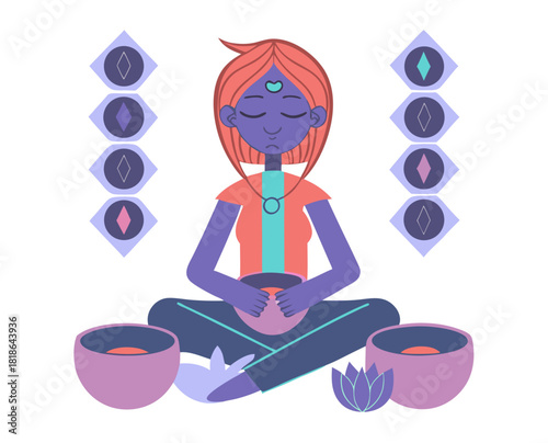 vector of a sound healer sitting with Tibetan singing bowls, calming aura, white background
