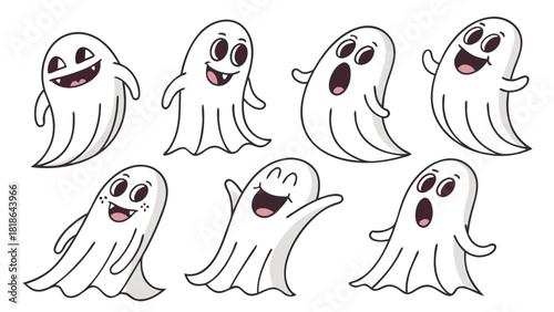 Happy Cute Cartoon Ghosts Collection. Playful Spooky Characters for Halloween Party Invitations, Kids Marketing, Seasonal Web Design, and Holiday Fun.