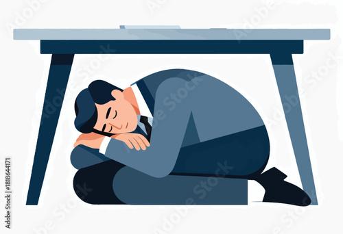 A person in a suit is curled up asleep under a desk, appearing exhausted or overwhelmed