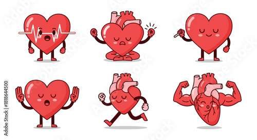 Diverse Kawaii Heart Characters Illustrating Concepts of Cardiovascular Health, Wellness, Exercise, and Medical Care in a Charming Cartoon Vector Set for Promoting a Healthy Lifestyle