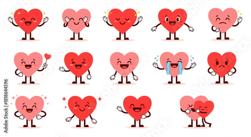 Diverse collection of animated heart characters expressing a wide range of emotions, from joy and love to sadness and surprise, perfect for romantic and emotional content design