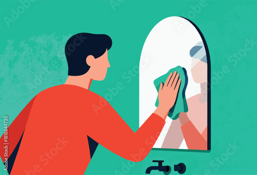 A person in a red shirt cleaning a large, arched mirror, reflecting their face, a sink below