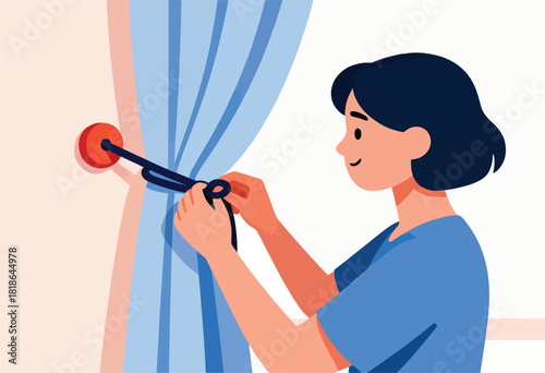An illustrated woman ties curtain tiebacks in a room, smiling. A circular wall fixture and blue curtains