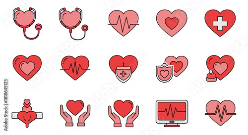Comprehensive collection of modern heart and medical care icons, representing essential health, wellness, and cardiology concepts for digital and print designs