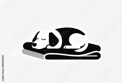 A minimalist illustration of a sleeping dog in black and white, resting comfortably on a blanket