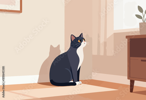 A stylized illustration depicts a black and white cat seated indoors, in front of a wall with a shadow