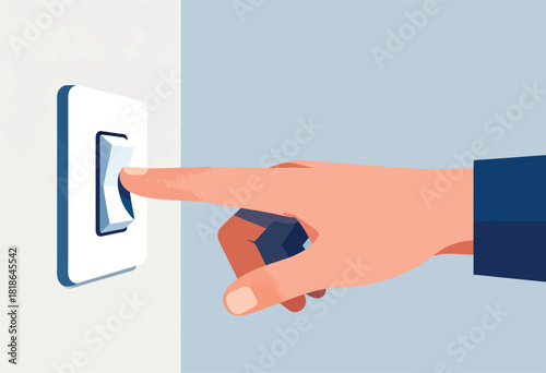 A hand, with a blue sleeve, is about to flip a white light switch on a gray wall