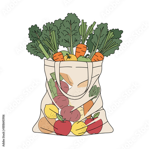 Fresh vegetables and fruits in a reusable grocery shopping bag  