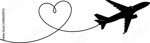 Airplane silhouette leaving a heart shaped path, continuous line drawing, romantic travel concept, love and aviation vector illustration