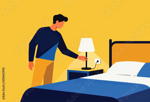 A figure turns on a lamp beside a bed in a minimalist illustration with geometric shapes and a warm color palette
