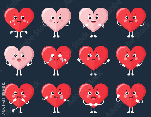 A vibrant collection of cartoon heart characters showcasing a spectrum of human emotions and playful facial expressions, perfect for adding charm and feeling to creative projects