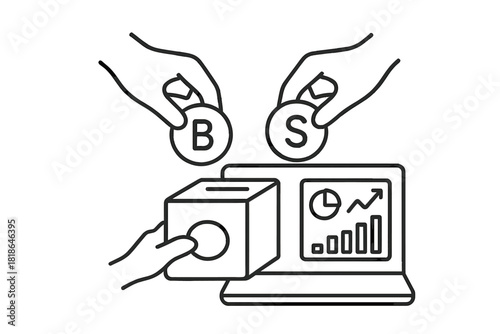 Hands dropping investment coins into a box while monitoring market data on a laptop screen