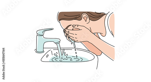 Woman rinsing her face in bathroom sink with running water  