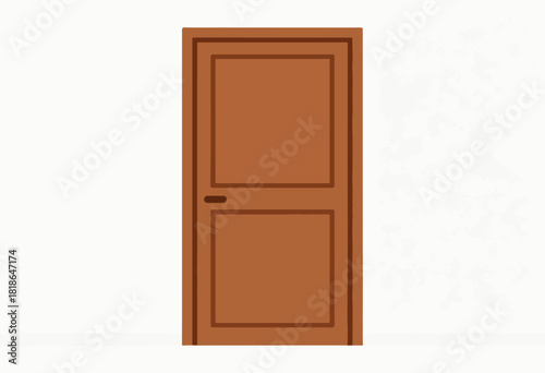 A cartoonish brown door, set against a white wall with subtle, textured markings. Minimalist style