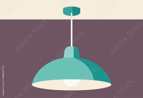 A teal pendant lamp hangs from a ceiling. Simple geometric shapes create this modern interior design
