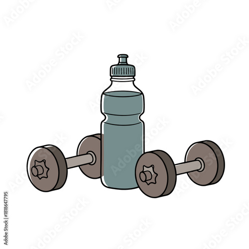Water bottle and dumbbells in illustration style  