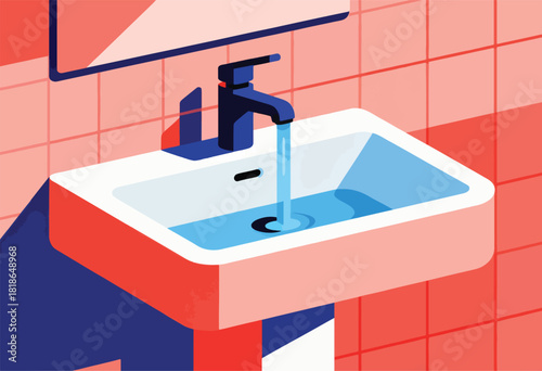 A stylized bathroom sink with water flowing from a blue faucet into the basin, red and pink tones