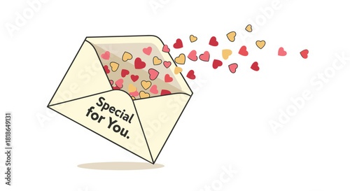 An open envelope spills out colorful hearts with the words special for you written on the front