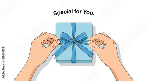 Hands tying a blue ribbon on a light blue gift box with the words special for you above