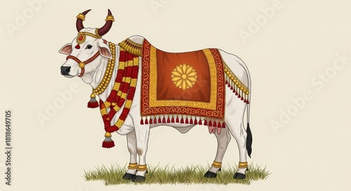 Decorated cow for pongal festival celebration with traditional attire and jewelry