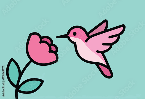 Cartoon illustration featuring a stylized pink hummingbird approaching a large pink flower on a teal background