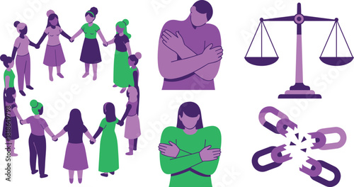 Diverse group of people holding hands and symbols of justice and unity