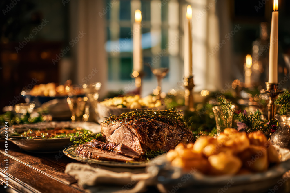 Fototapeta premium Beautifully arranged holiday dinner table featuring roasted meat, candles, and various side dishes, creating a warm festive atmosphere