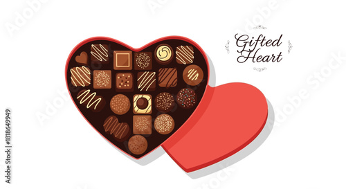 Assortment of delicious assorted chocolates in a red heart shaped box with gifted heart text