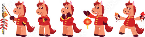Festive cartoon horses celebrating Chinese New Year with firecrackers and lanterns, radiating joy and cultural richness for holiday designs