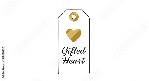 Elegant white gift tag with a golden heart and the words gifted heart in script font