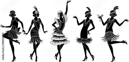 Set of dancing flapper girl silhouettes, roaring twenties fashion icons, retro party ladies, and 1920s jazz age women vector illustration.