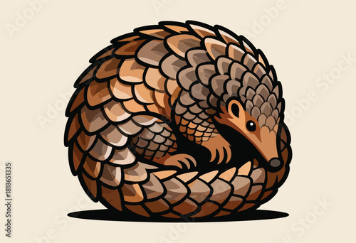 A stylized pangolin curled into a ball, brown scales contrasted with a beige background