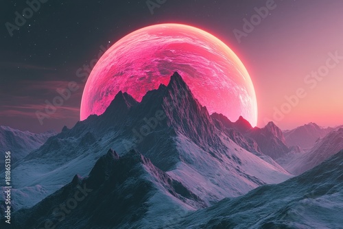 A breathtaking view of a vibrant pink planet rising over a majestic mountain range, casting a warm glow on the snow-capped peaks and the dark, star-studded sky.